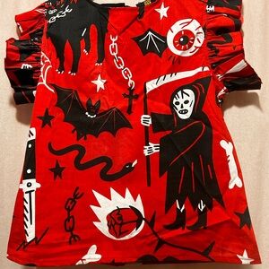 Nooworks Halloween Red Blouse with Black and White Graphics